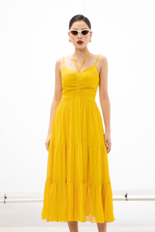 Sixdo Yellow Chiffon Maxi Dress